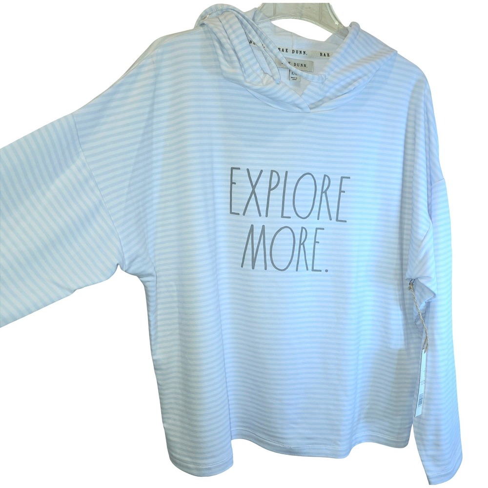 Rae Dunn Hoodie Sweatshirt Pullover Womens XL Top Stripe Long Sleeve Blue White - Picture 9 of 16